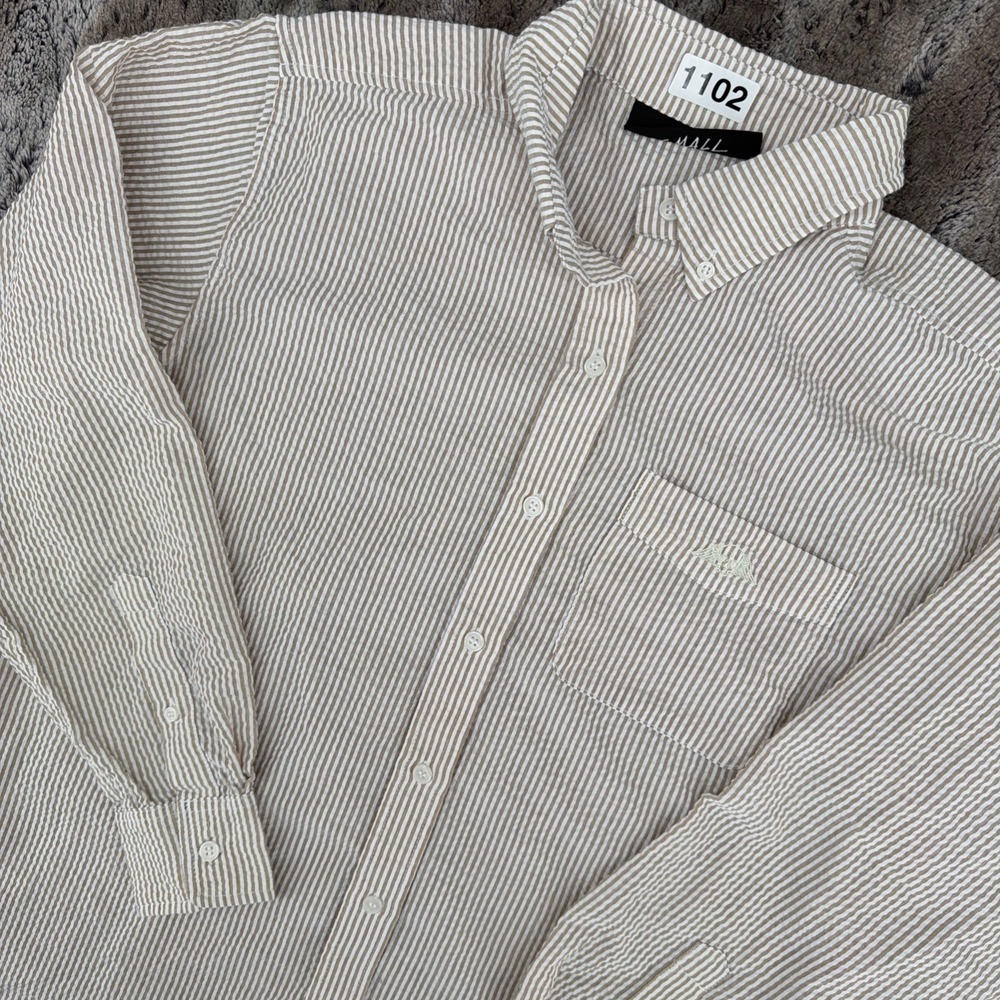 Civil Regime Seer Sucker Brown White Button Down Shirt Size Small NWOT